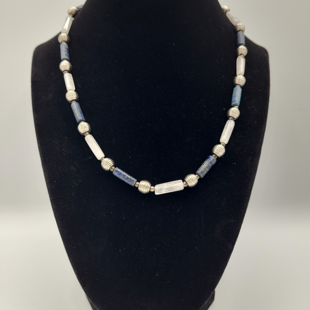 Unisex Blue Agate Granite Beaded Necklace Silver Tone Adjustable
